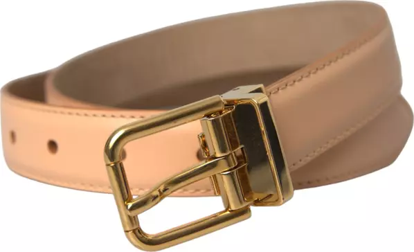Beige Calfskin Leather Gold Metal Buckle Belt