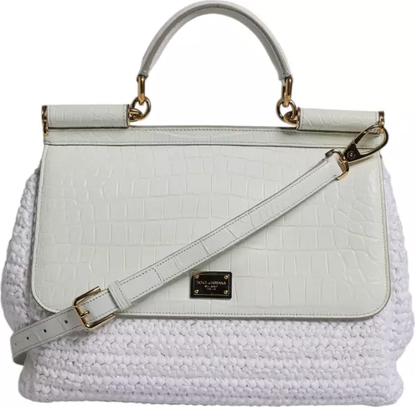 White Rafia Leather Top Handle Crossbody Bag