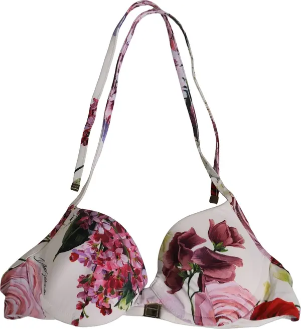 White Floral Print Nylon Beachwear Bikini Top