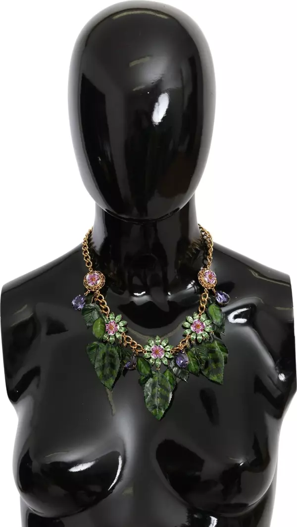Green Leaves Gold Brass Crystal Flower Pendant Necklace