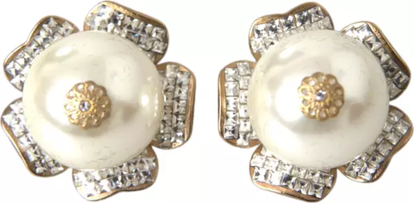 Gold Tone Maxi Faux Pearl Floral Clip-on Jewelry Earrings