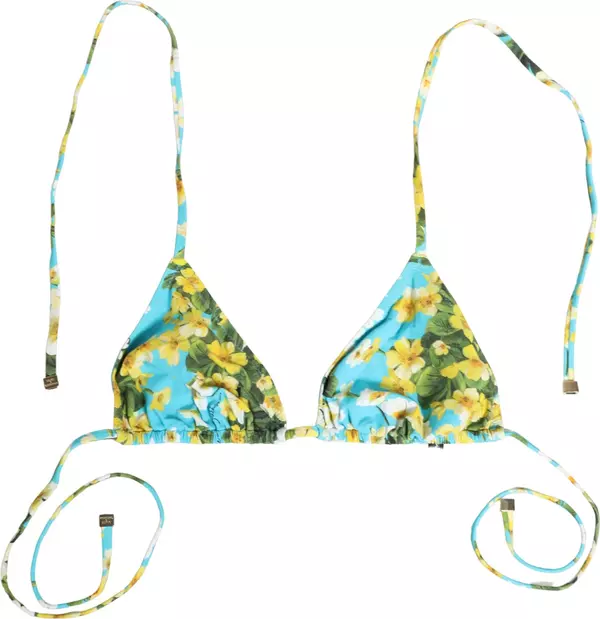 Blue Floral Print Nylon Halter Bikini Top Swimwear
