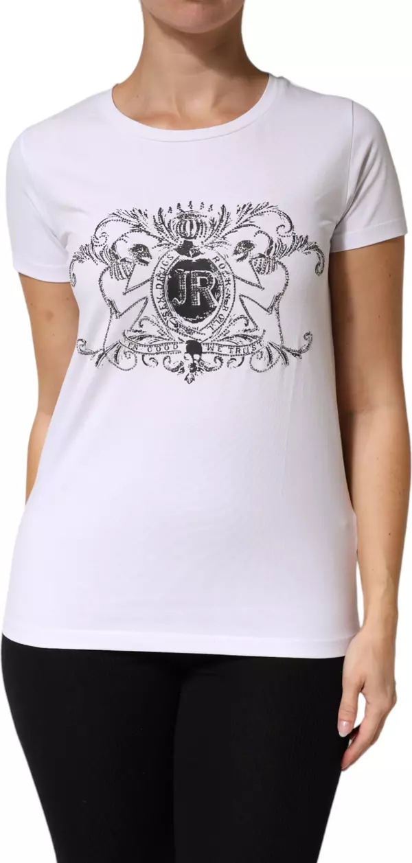 White Printed Cotton Stretch Crew Neck T-shirt