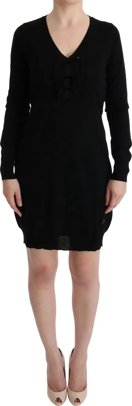 Black Wool Long Sleeve Shift Dress