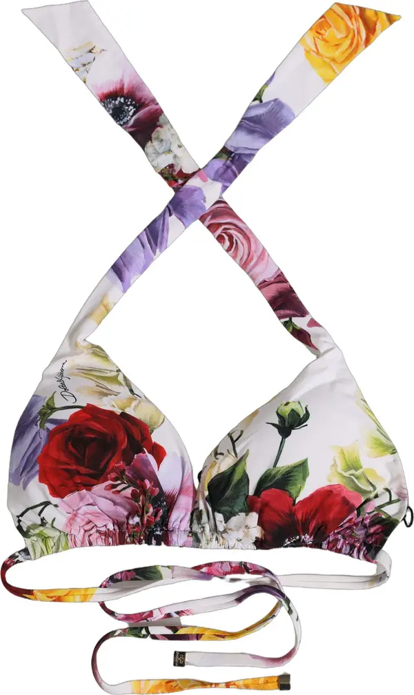 White Floral Print Triangle Beachwear Bikini Top