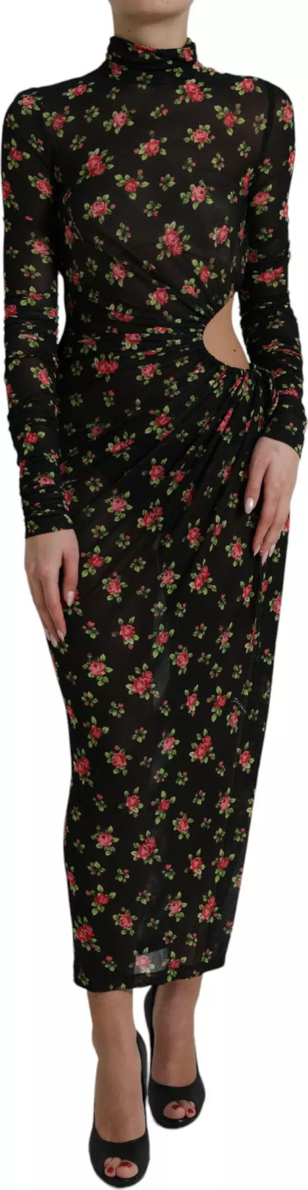Black Floral Cut Out Sheath Long Maxi Dress