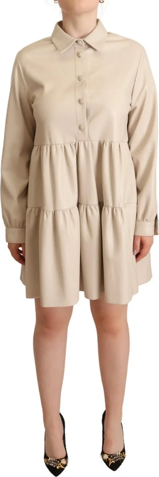 Leather Beige Long Sleeves Collared A-line Mini  Dress