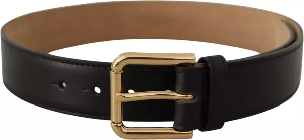 Black Solid Leather Classic Gold Waist Buckle Belt