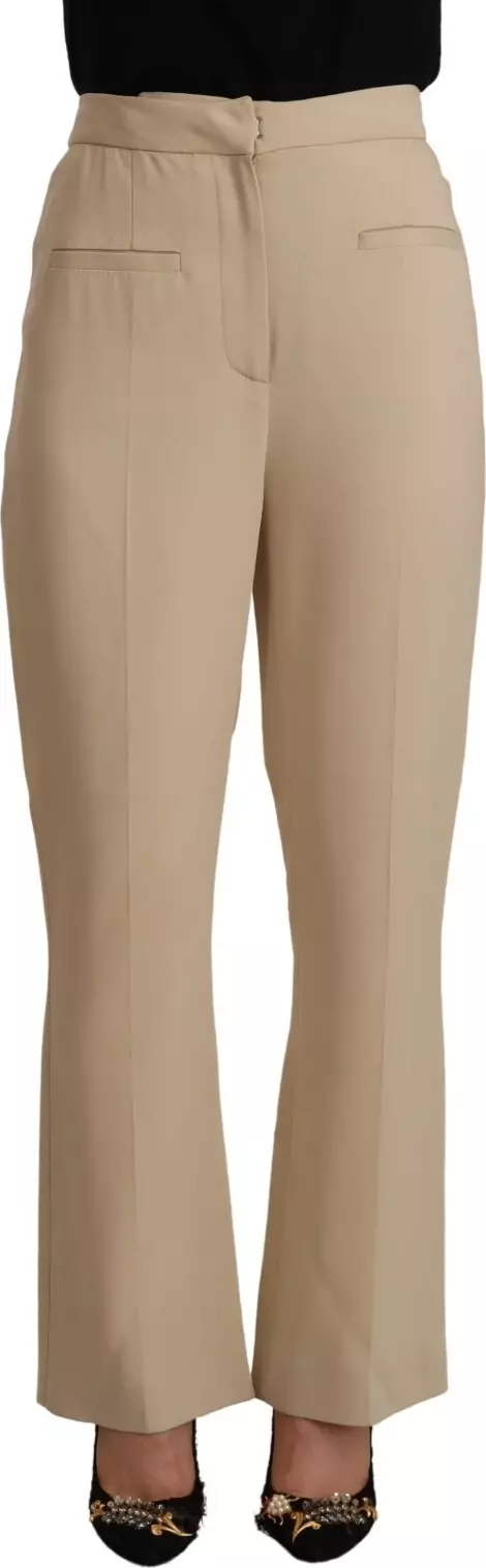 Beige Viscose High Waist Flared Dress Trouser Pants