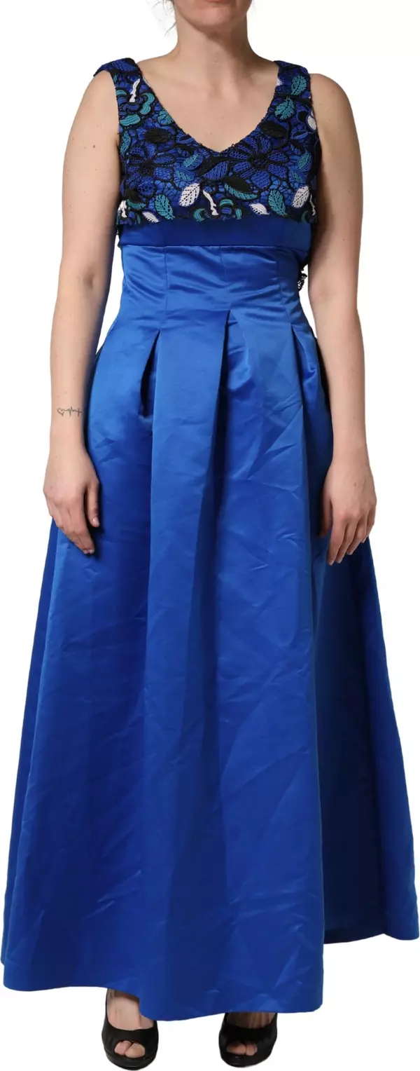 Royal Blue Floral Lace Sleeveless Long Gown Dress