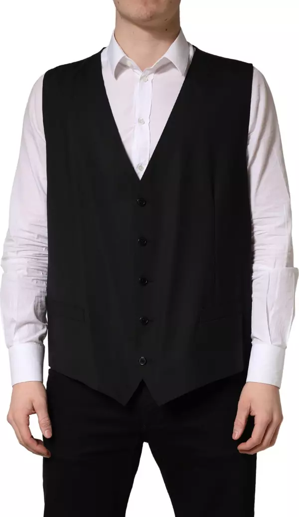 Black Wool Single Breasted Waistcoat Vest