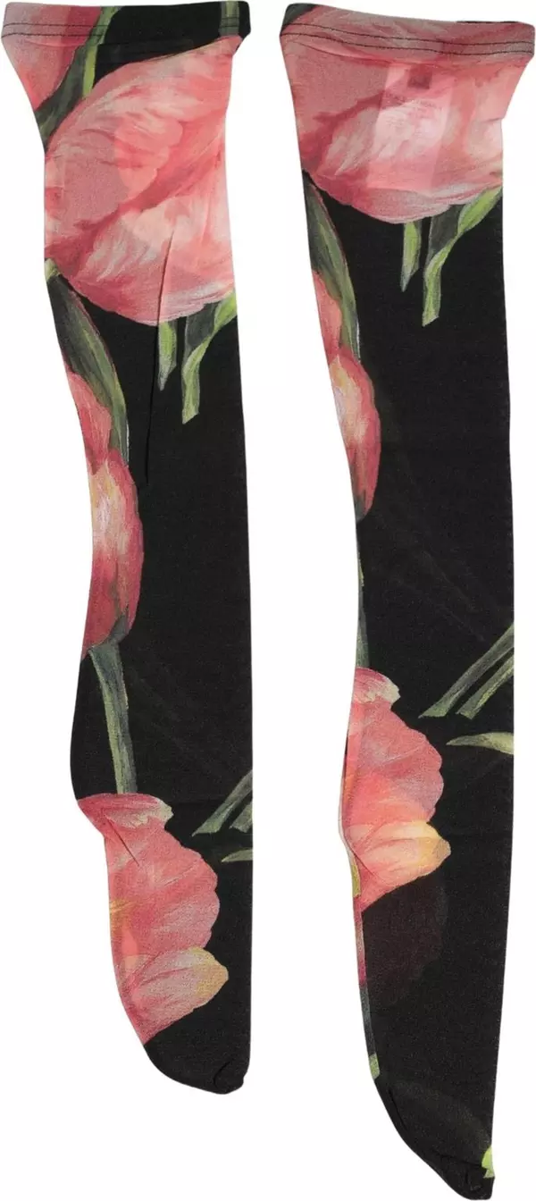 Black Pink Floral Tulip Nylon Stockings Socks