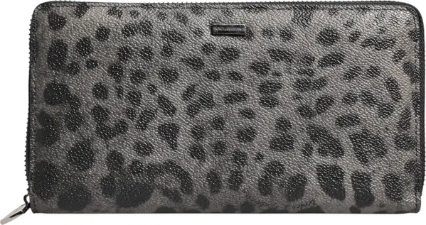 Black Gray Leopard Leather Zip Around Continental Wallet