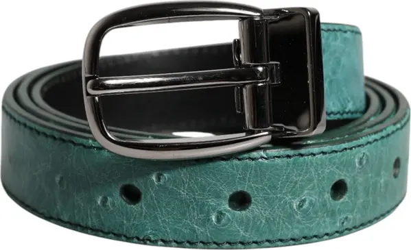 Green Ostrich Leather Silver Metal Buckle Belt