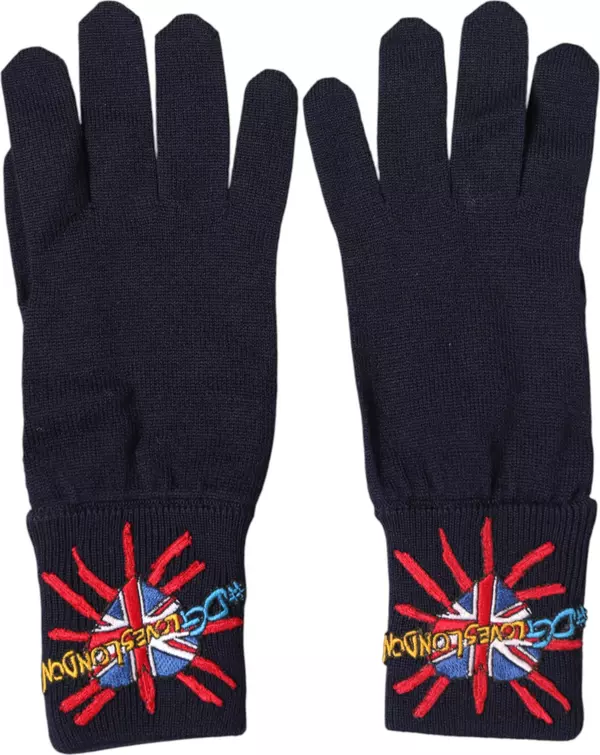 Blue Wool Knit #DGLovesLondon Embroidered Mitten Gloves
