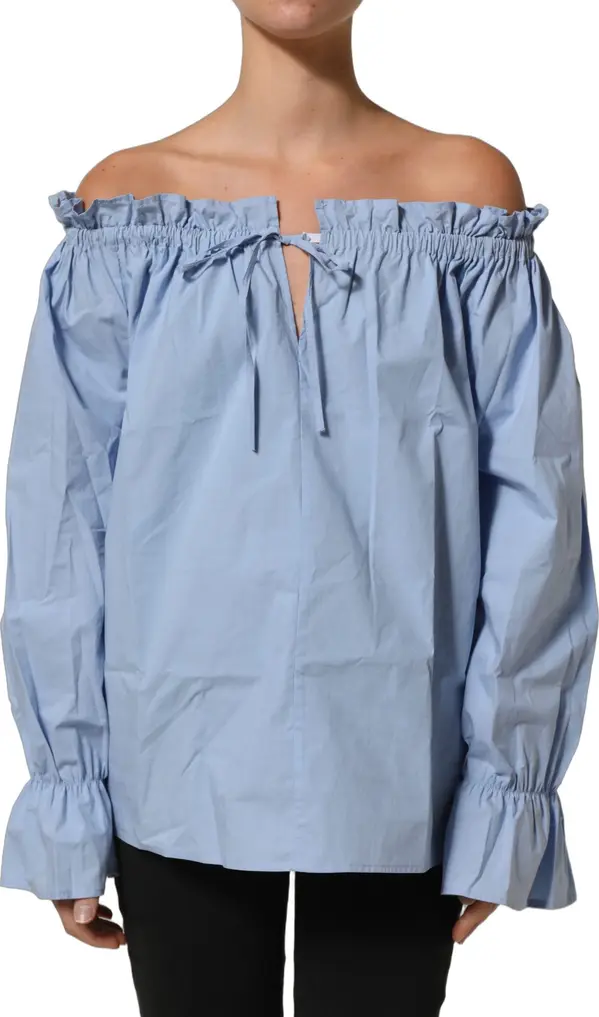 Light Blue Cotton Off Shoulder Long Sleeves Top