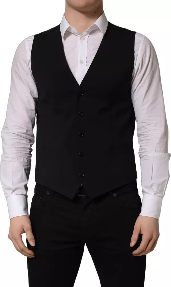 Black Wool Single Breasted Waistcoat Vest