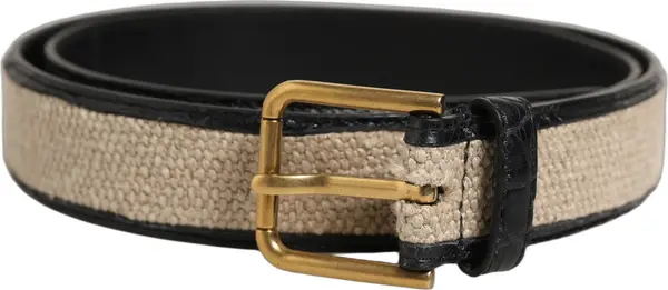 Beige Black Woven Leather Metal Buckle Belt