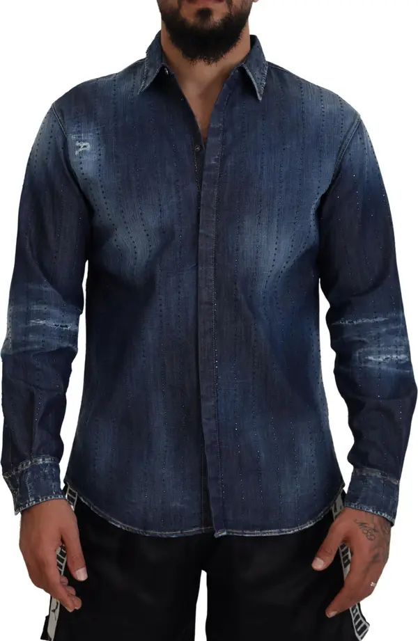 Blue Tattered Crystal Embellished Denim Shirt