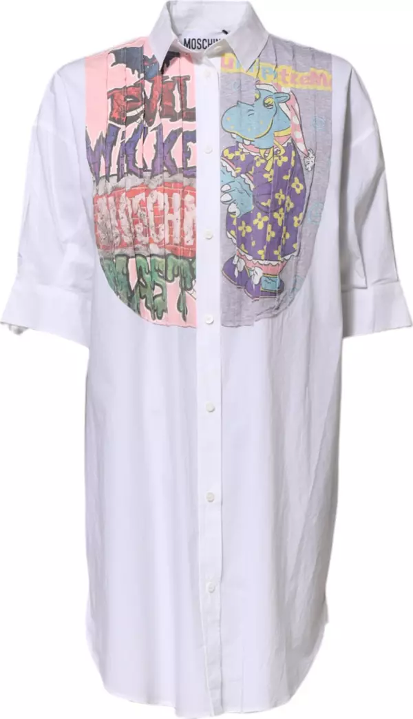 White Printed Collared Button Mini Shirt Dress