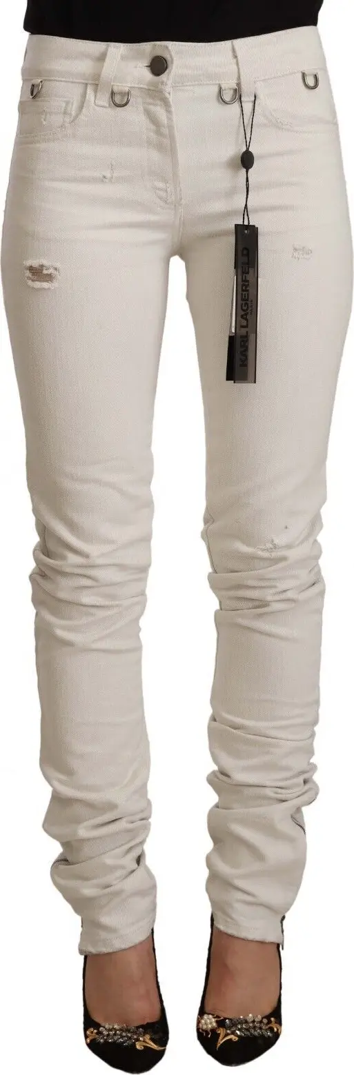 White Mid Waist Cotton Denim Slim Fit Jeans