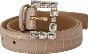 Beige Leather Crystal Buckle Women Belt