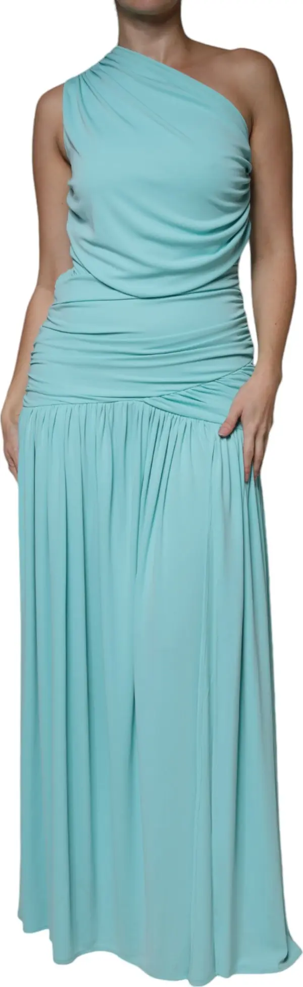 Light Blue Jersey Long Drape One Shoulder Dress