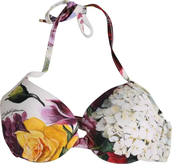 White Floral Print Nylon Beachwear Bikini Top
