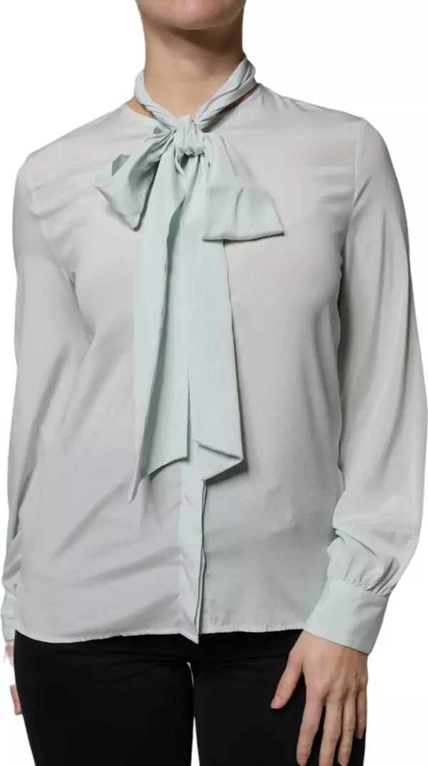 Light Blue Silk Ascot Collared Long Sleeves Top