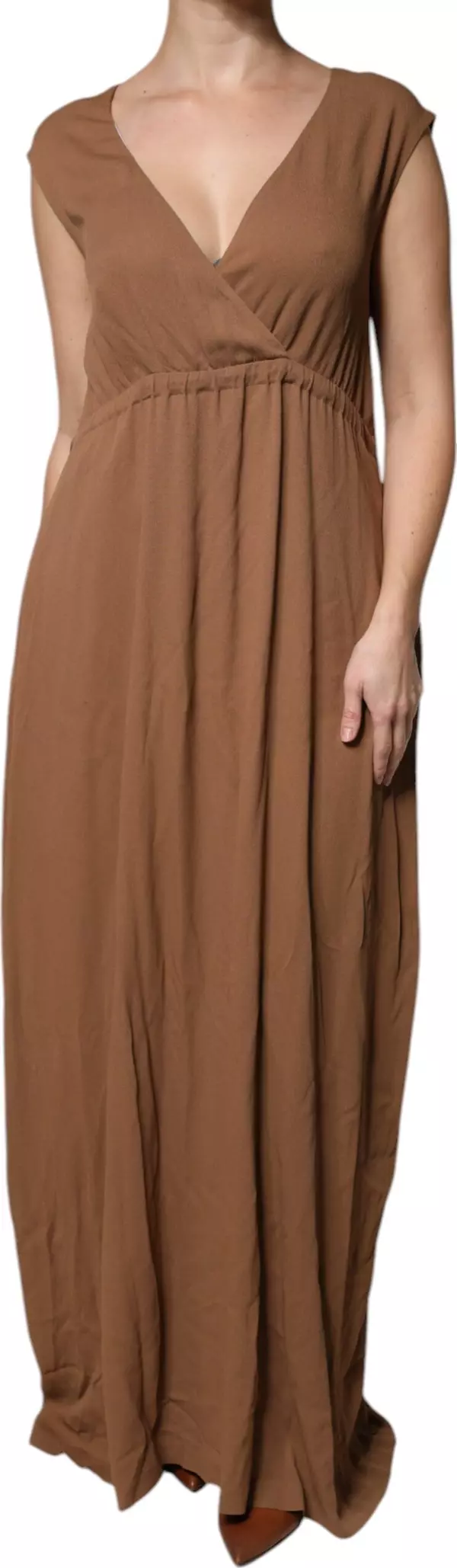 Brown Sleeveless Deep V-neck A-line Long Maxi Dress