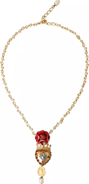 Gold BrassChain Sacred Heart Rose Crystal Charm Necklace
