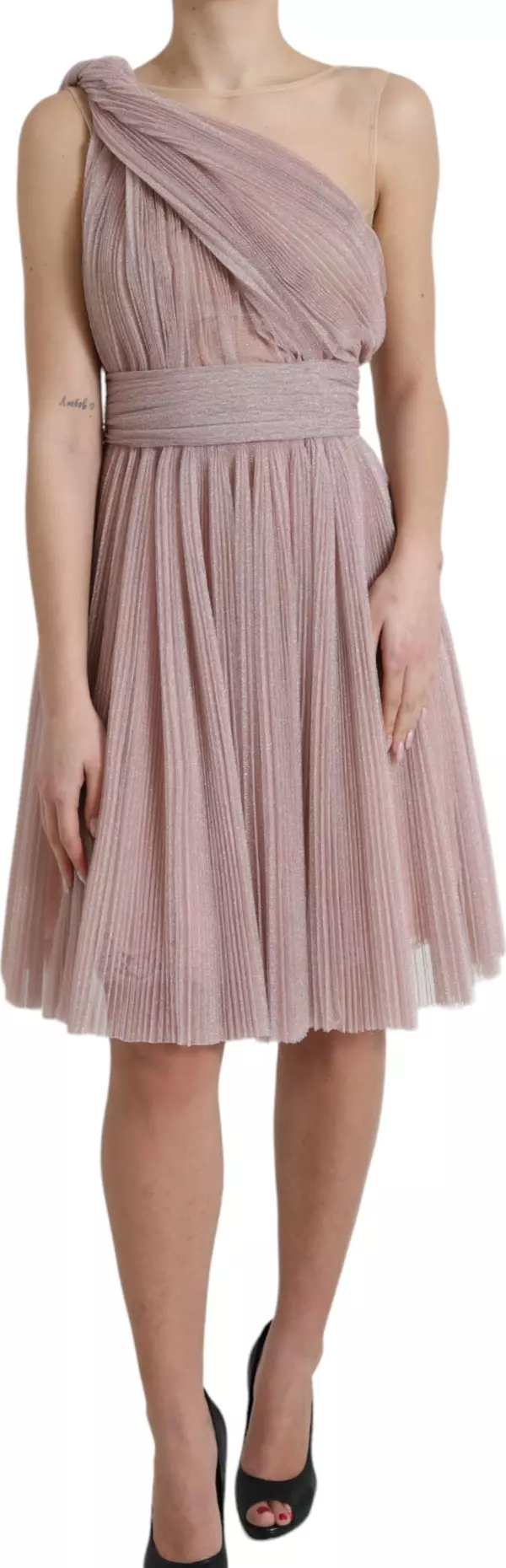 Pink One Shoulder Pleated Lame Tulle Dress
