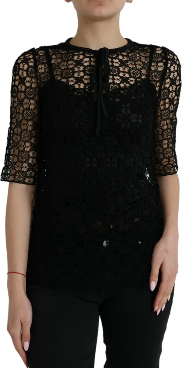 Black Floral Lace Short Sleeves Blouse Top