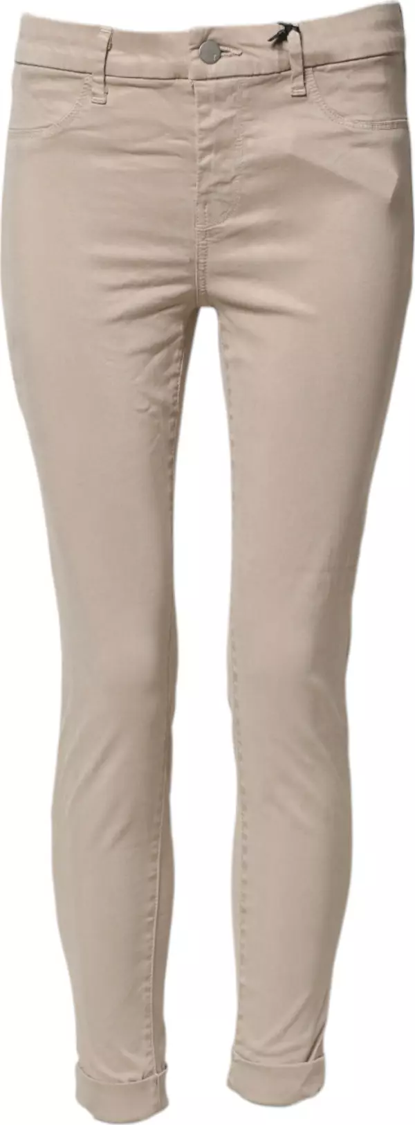 Beige Skinny Mid Waist Chino Casual Trouser Pants