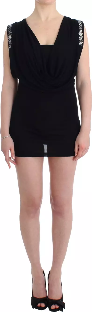 Black Embellished Jersey Mini Sheath Short Dress