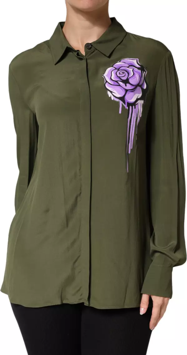 Top Green Acetate Collared Long Sleeves Floral Top