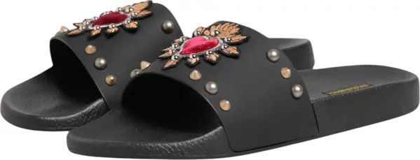 Black Heart Patch Rubber Calfskin Slippers Shoes