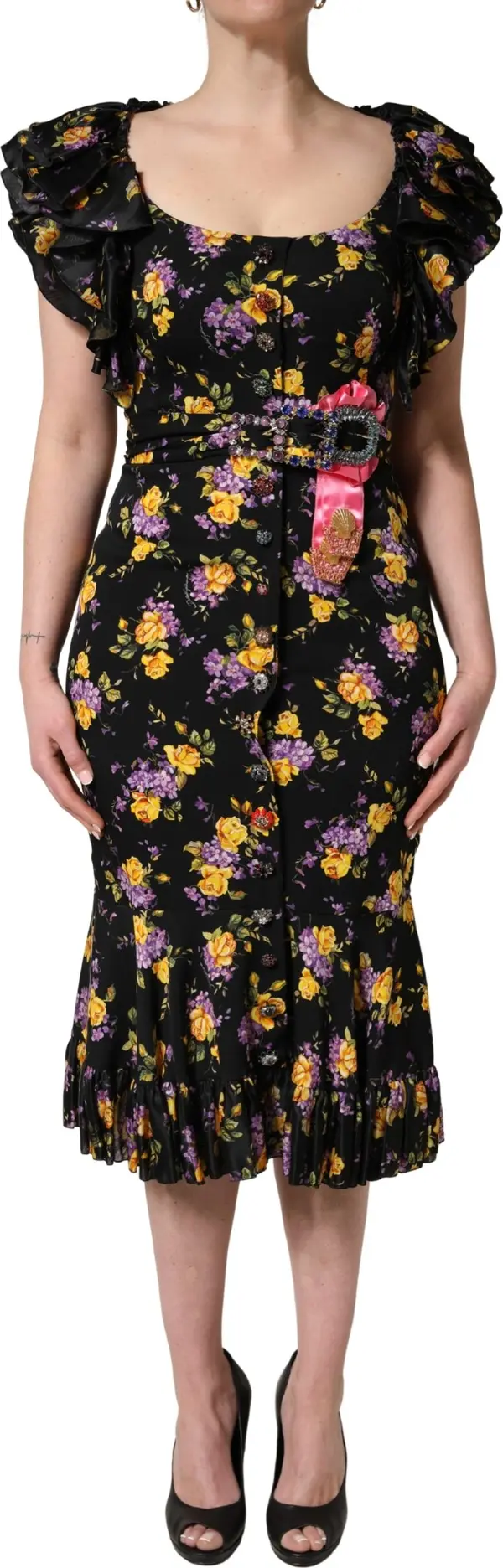 Black Purple Crystal Brooch Silk Midi Dress